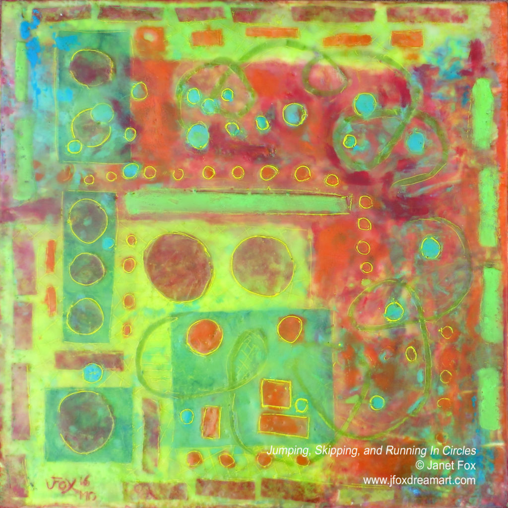 Image of an encaustic painting by Janet Fox titled "Jumping, Skipping, and Running in Circles."