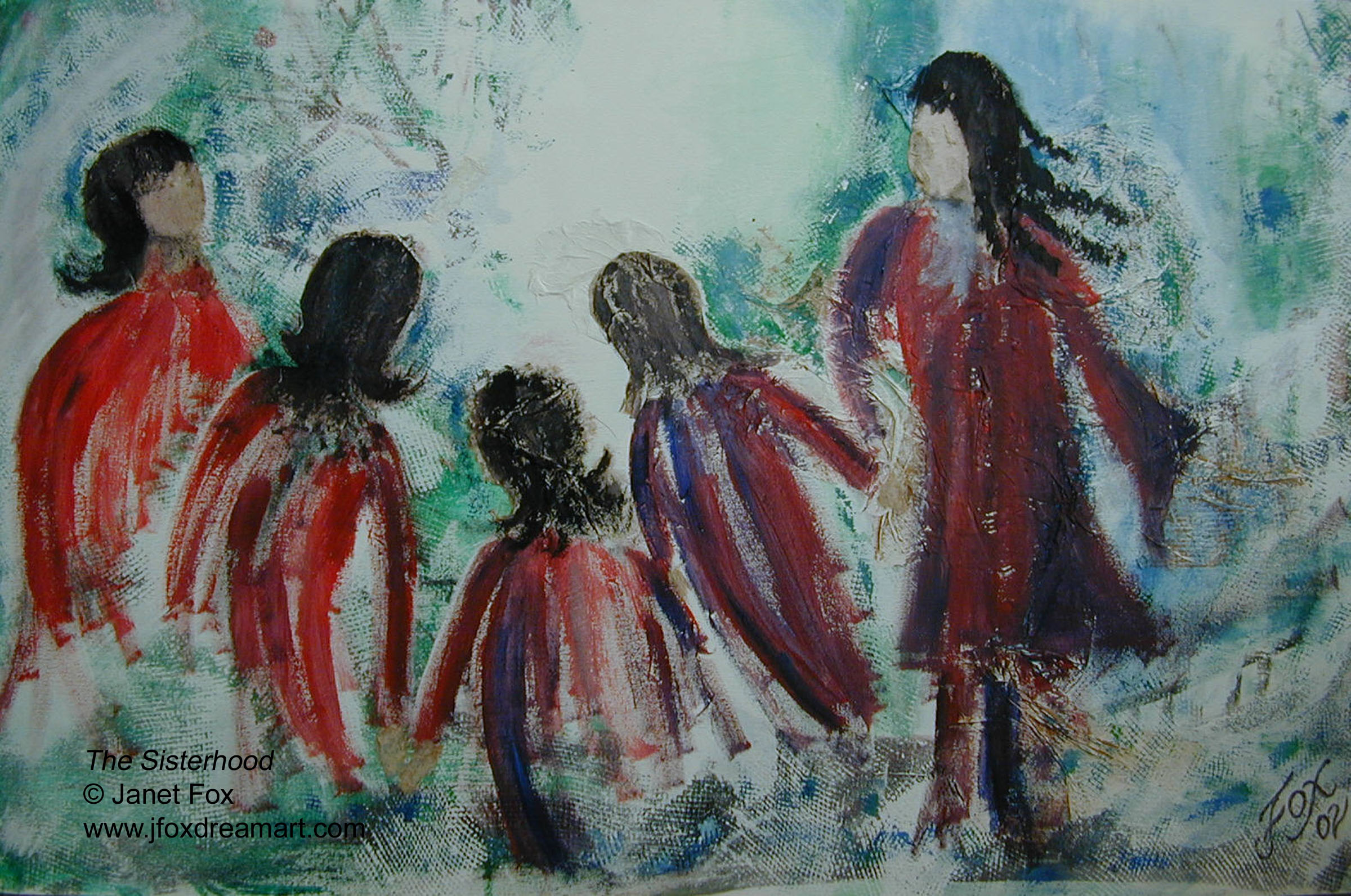 Image of a mixed media painting by Janet Fox titled "The Sisterhood."