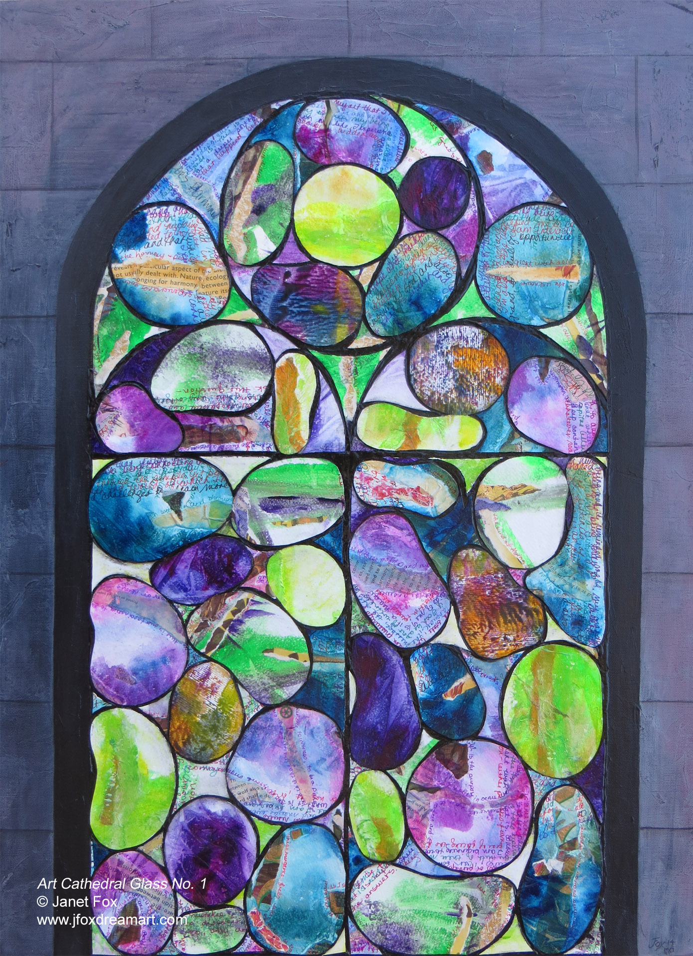 Image of a mixed media painting by Janet Fox titled "Art Cathedral Glass No. 1."