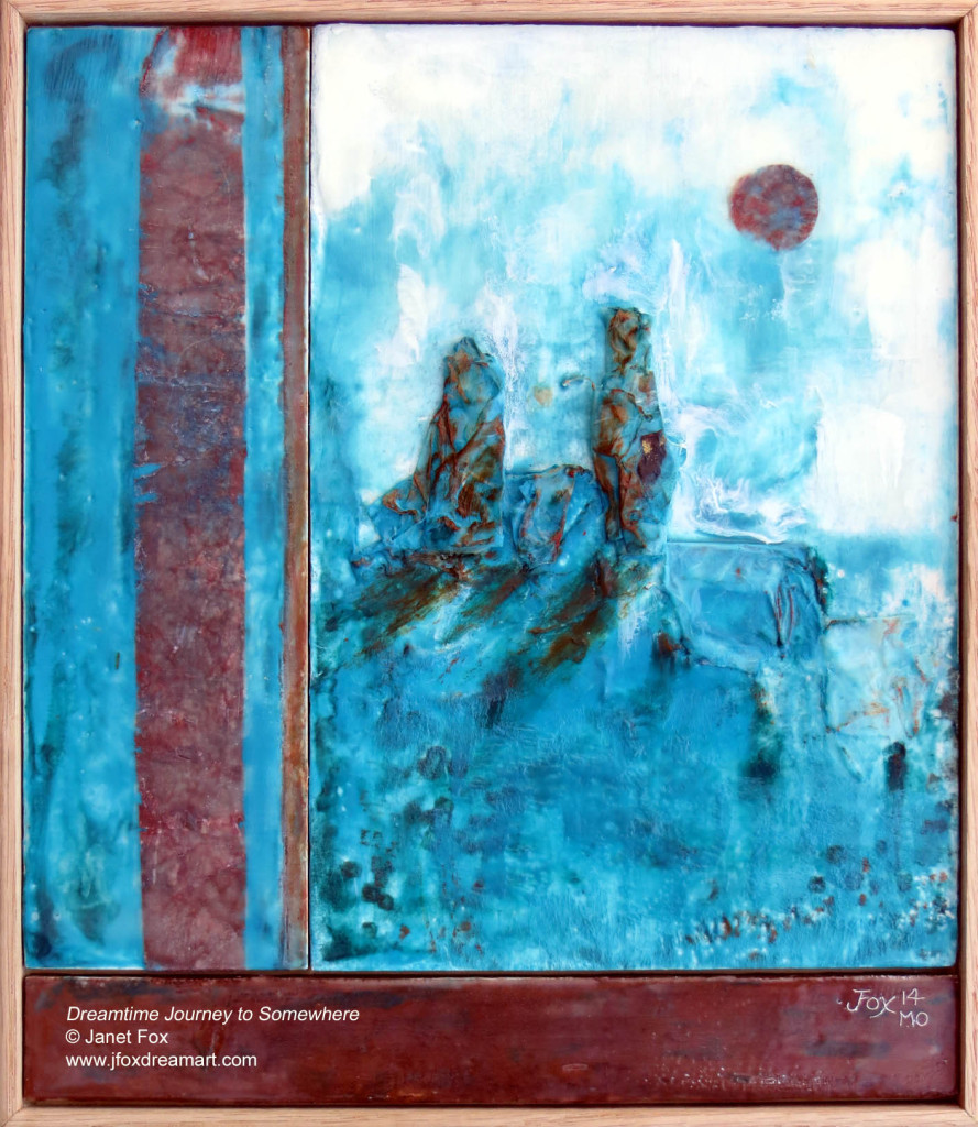 Image of an encaustic painting by Janet Fox titled "Dreamtime Journey to Somewhere."