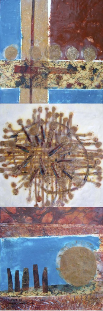 Image of an encaustic triptych painting by Janet Fox titled "Gatherings."
