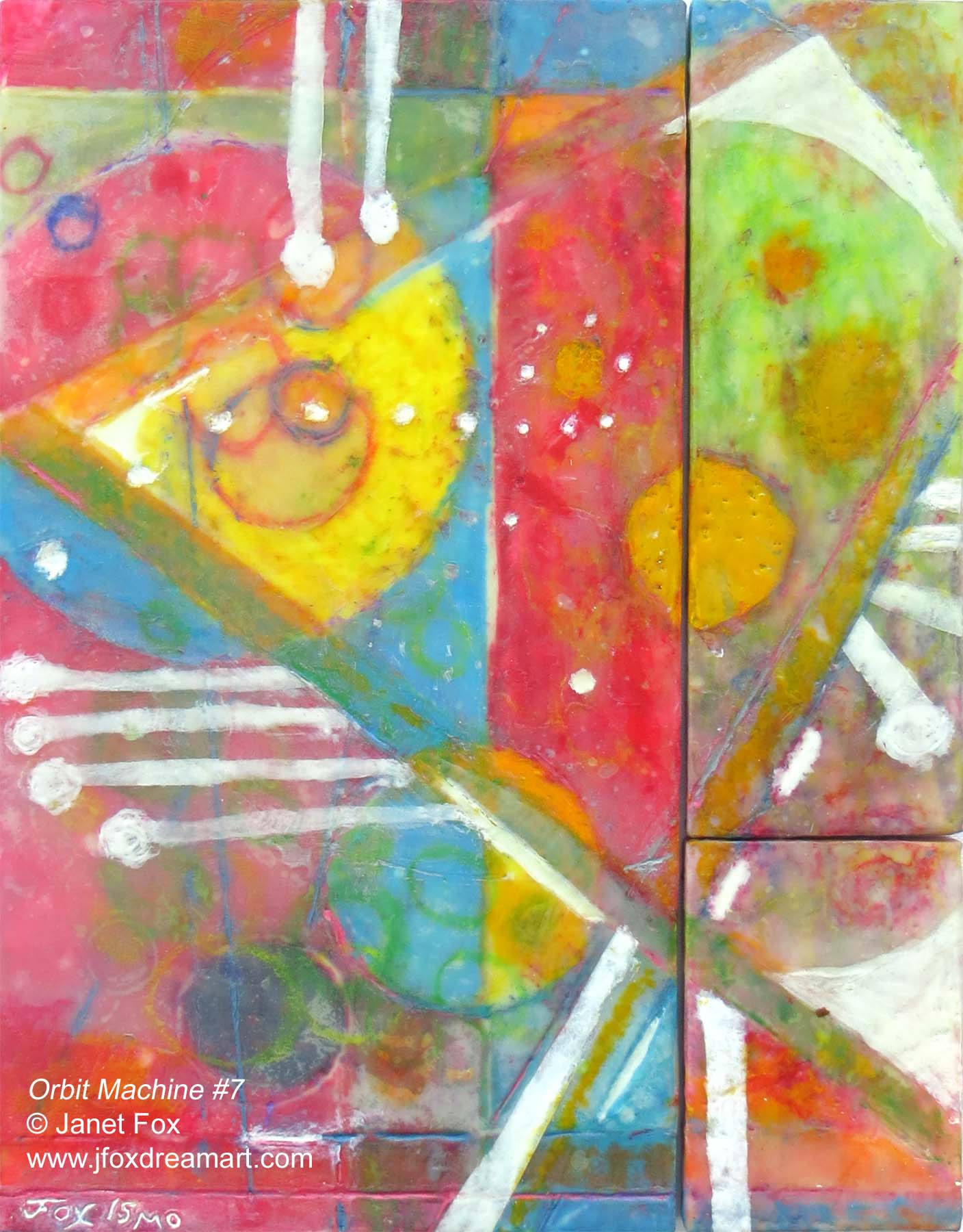 Image of an encaustic painting by Janet Fox titled "Orbit Machine #7."
