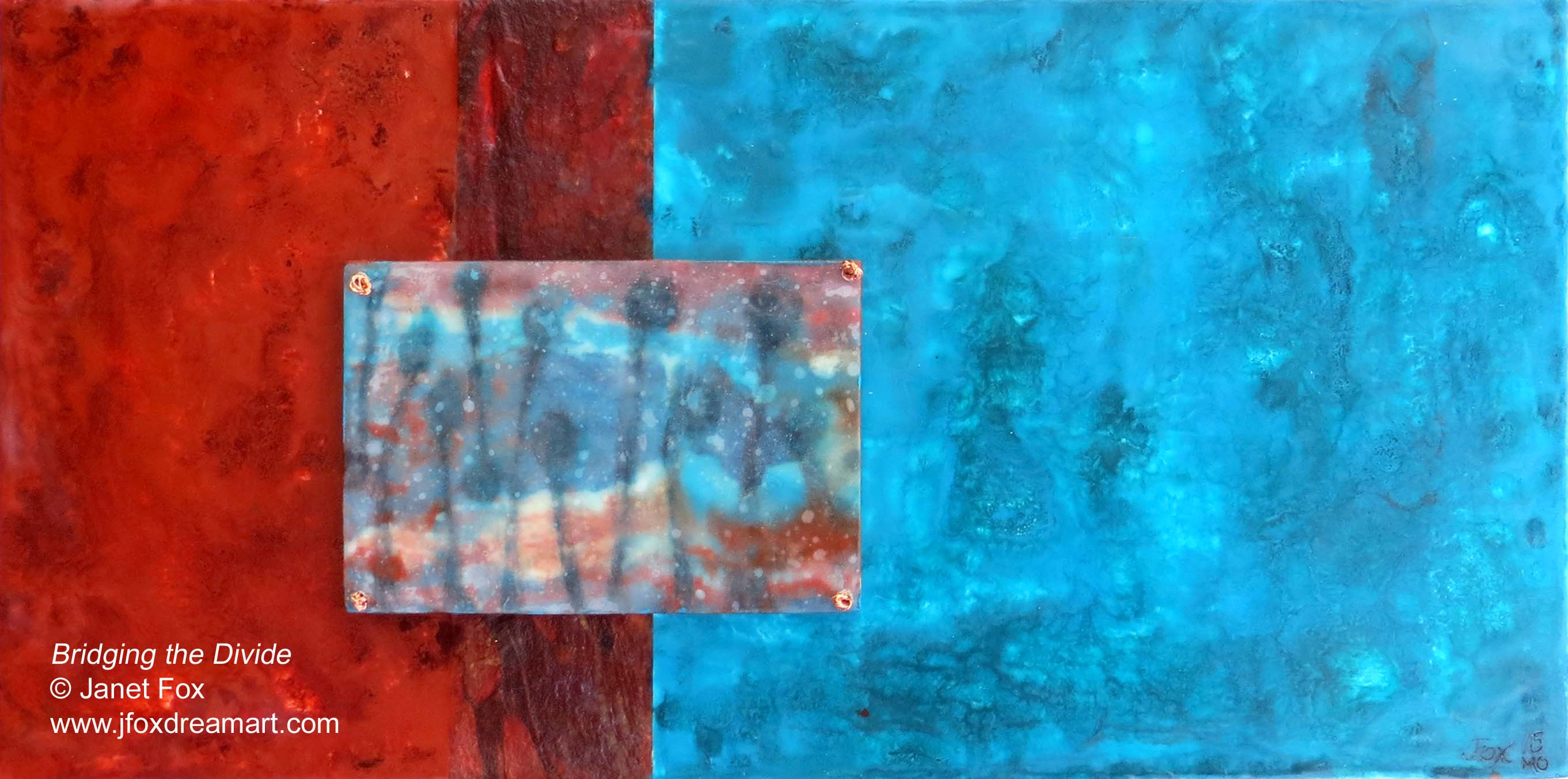 Image of an encaustic painting by Janet Fox titled "Bridging the Divide."