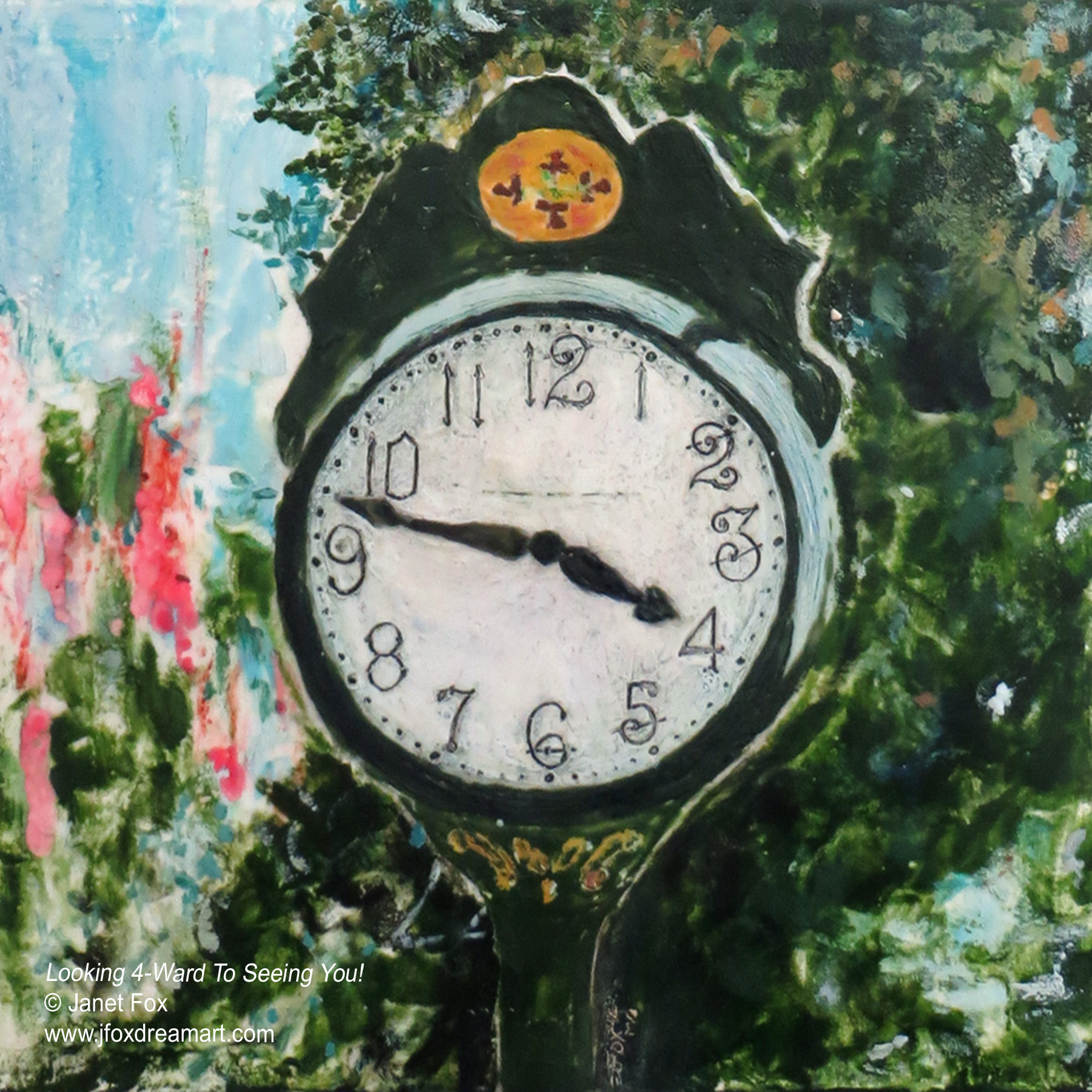 Image of an encaustic painting by Janet Fox titled "Looking Forward to Meeting You."
