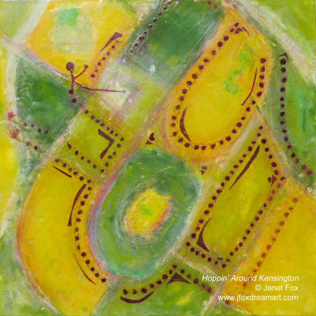 Image of an encaustic painting by Janet Fox titled "Hoppin' Around Kensington."