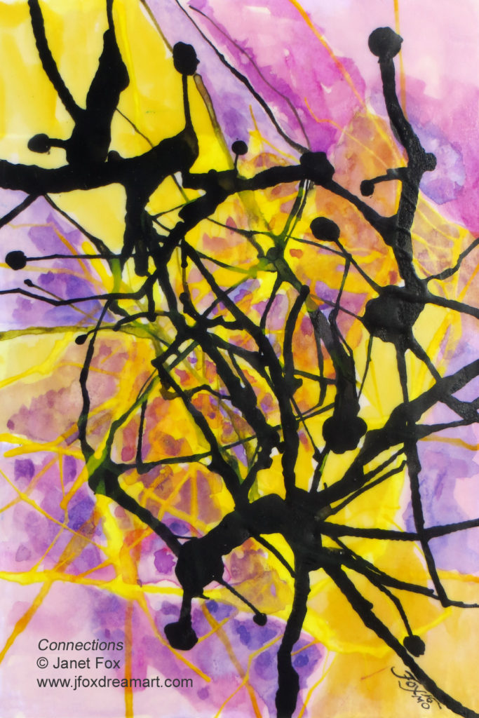 Image of an encaustic and ink painting by Janet Fox titled "Connections."