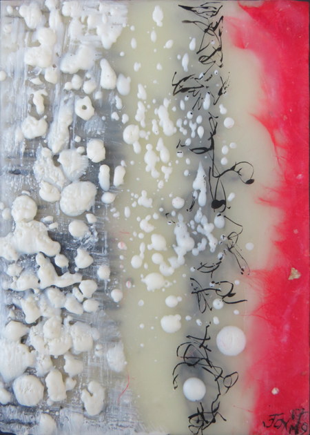 Image of a mini encaustic painting by Janet Fox titled "Red, White, and Black."