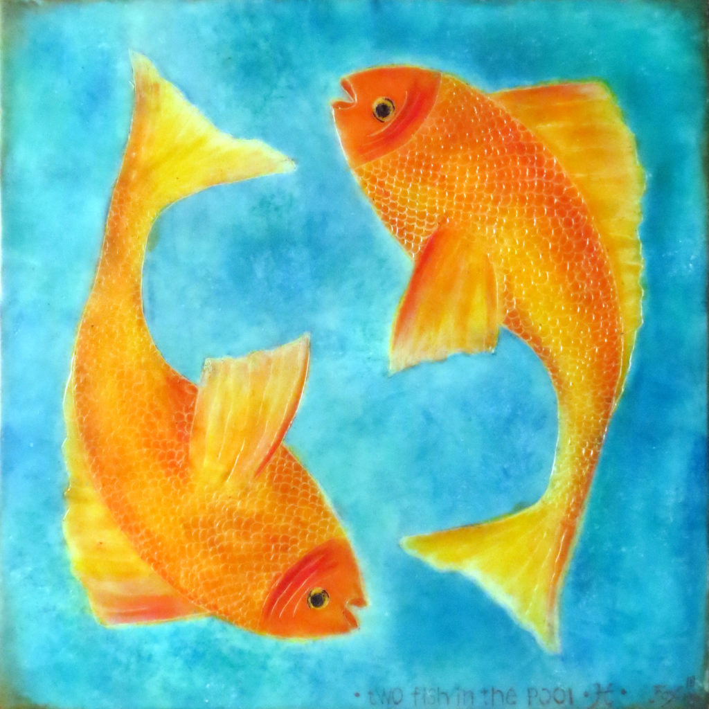 Image of an encaustic painting by Janet Fox titled "Two Fish in the Pool."