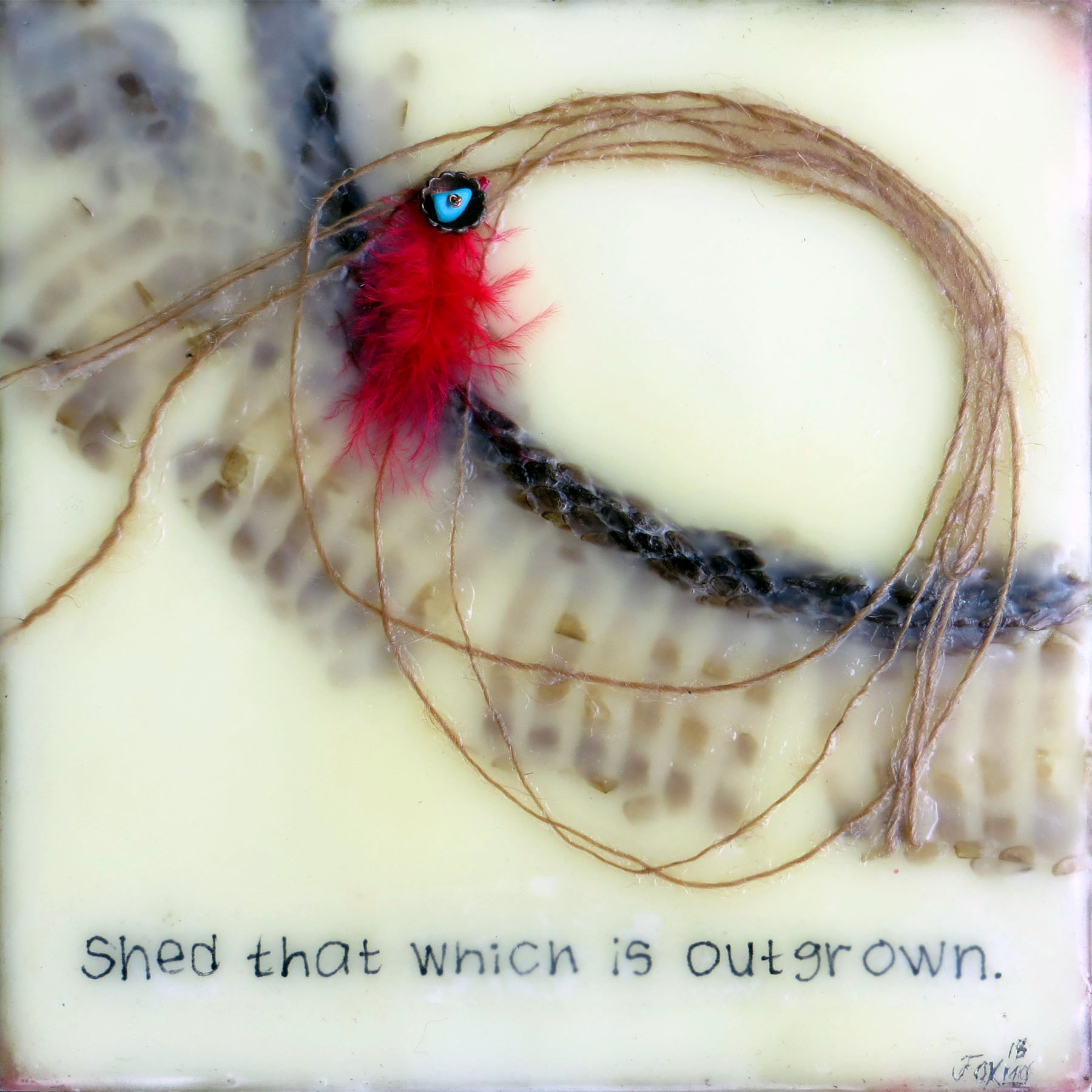 Image of an encaustic painting by Janet Fox including shedded snake skin, twine, red feather, copper bead and turquoise bead with the words "Shed that which is