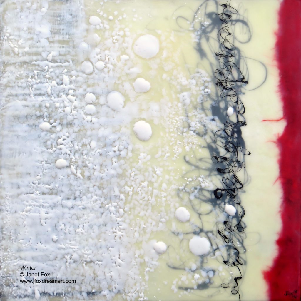 Image of an encaustic painting by Janet Fox including red paper, black India ink, and white encaustic paint, titled "Winter."