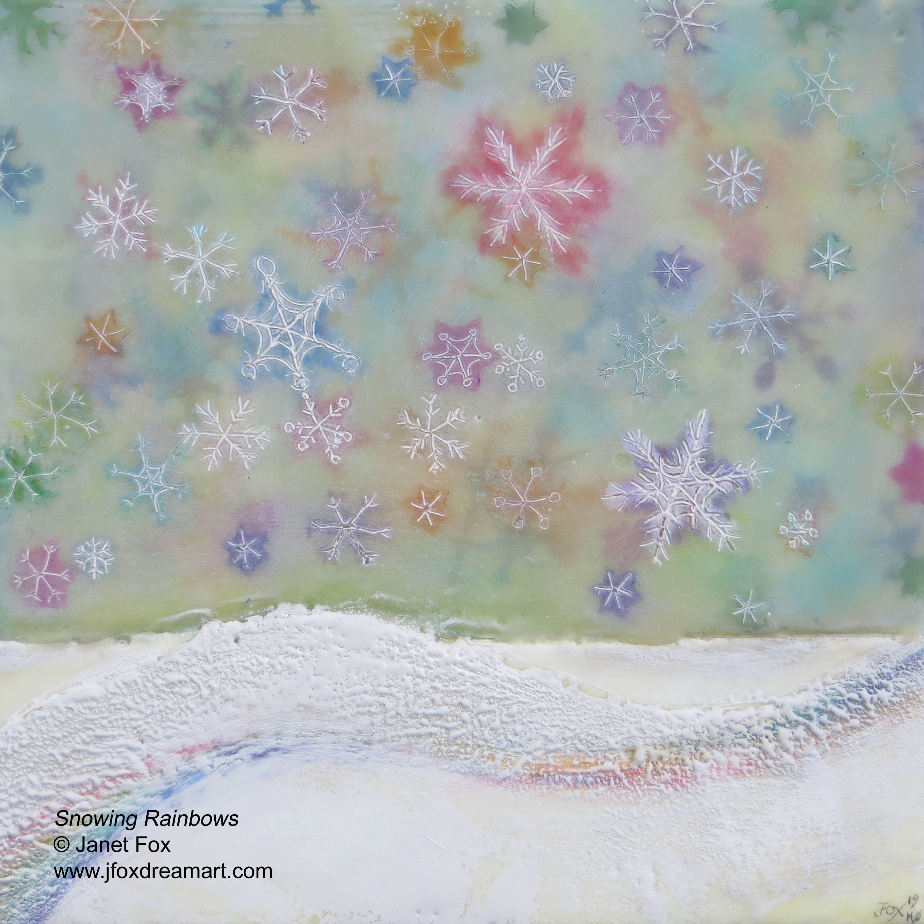 An encaustic painting "Snowing Rainbows" by Janet Fox shwith mlti sized colorful snowflakes falling onto a white and field with rainbow accents.
