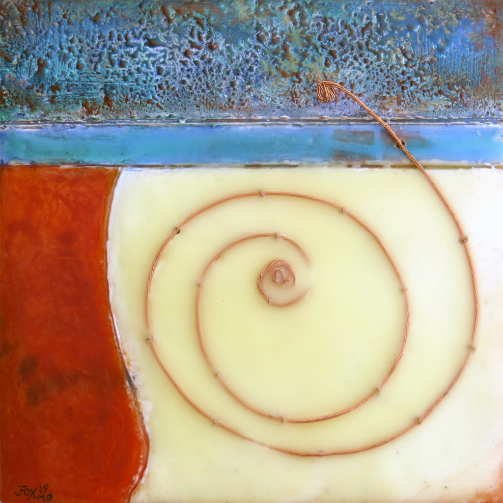 An encaustic representational painting "Here I Go" by Janet Fox with rust color rock, ivory sand, turquoise sea and sky, and copper wire launching.