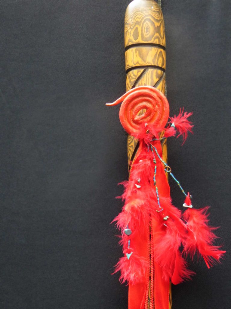 3D encaustic mixed media art asplecius staff coiled scarlet snake turquoise beads copper wire red feathers