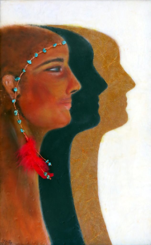 encaustic painting of woman wearing a turquoise and copper headband with red feather with her dark and golden shadows