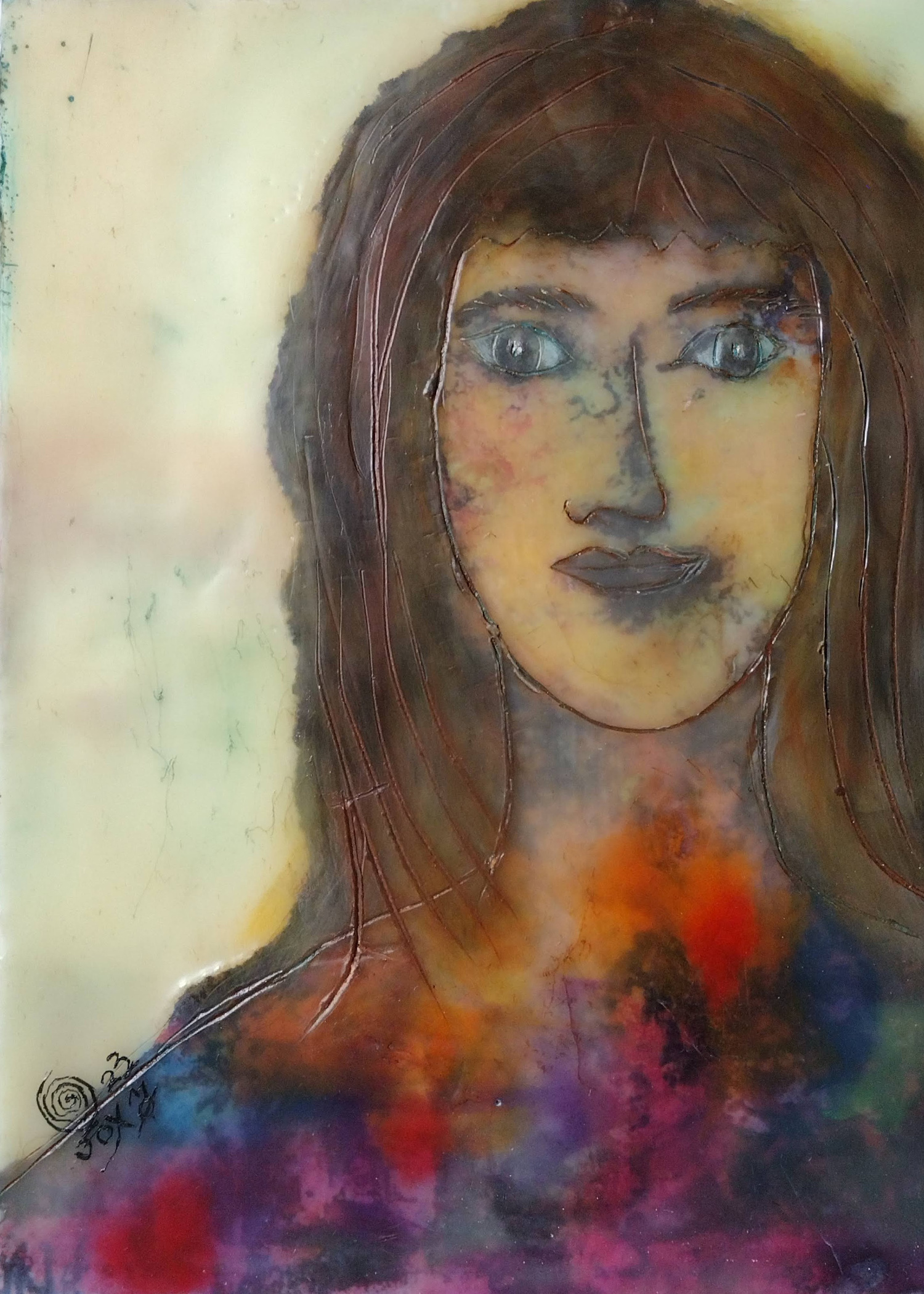 encaustic mixed-media painting of a person's face with brown hair and