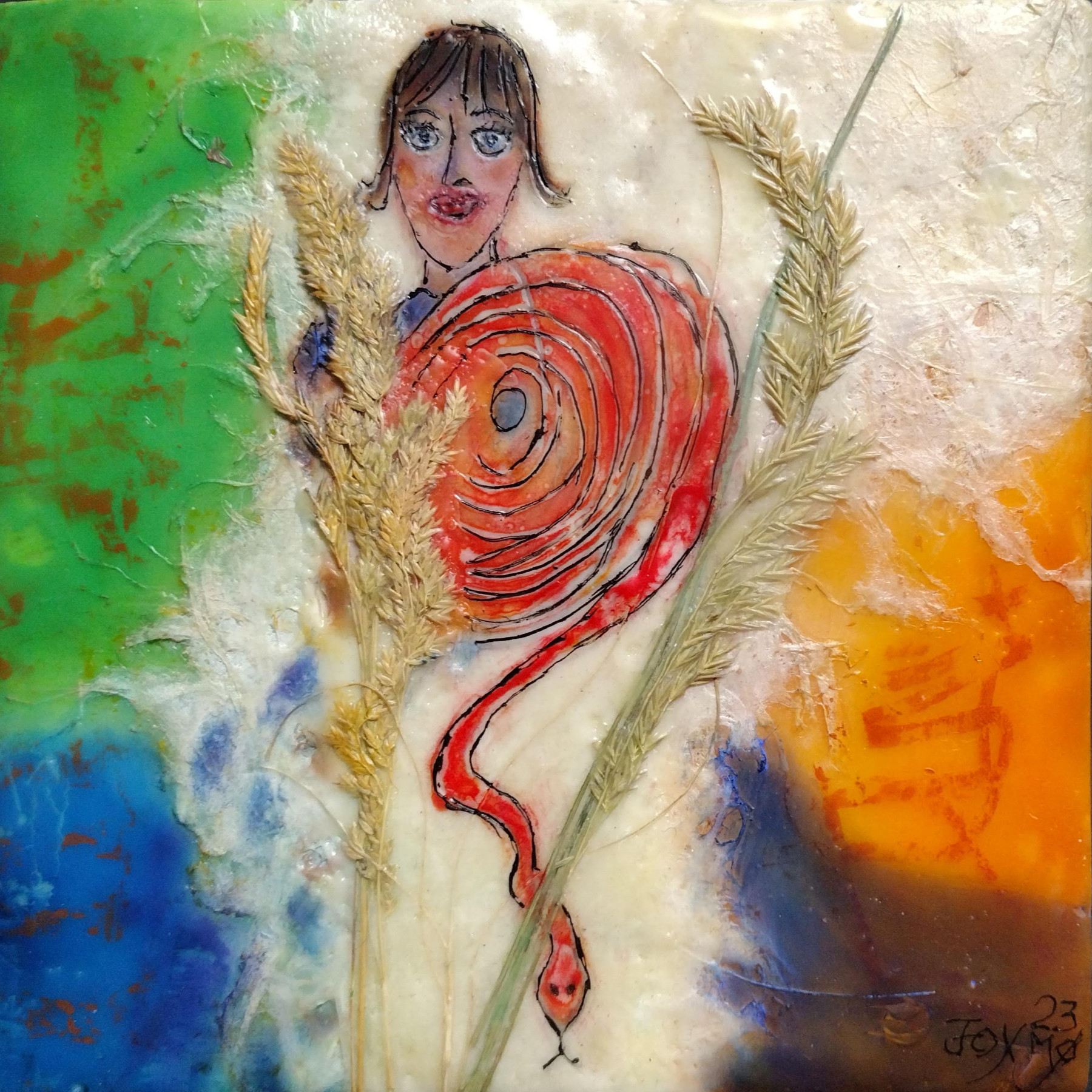 Janet Fox - She and Her Healer's Shield - encaustic mixed-media painting
