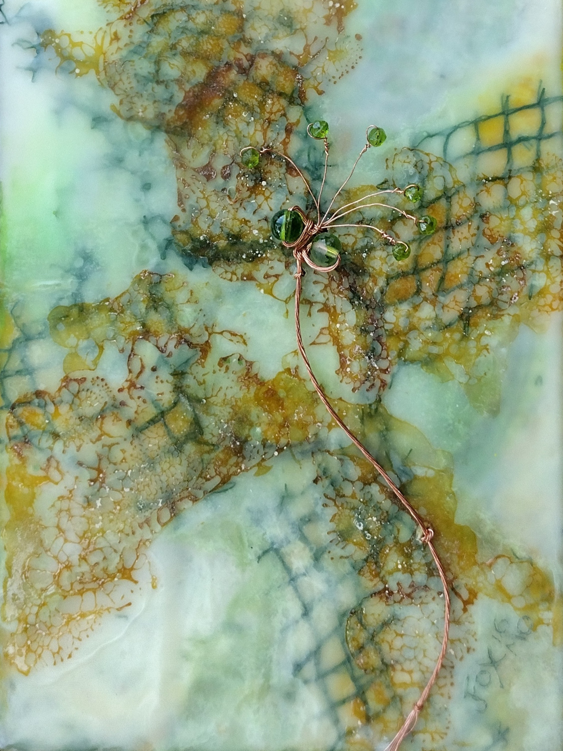 encaustic mixed media painting with copper and green beads by Janet Fox