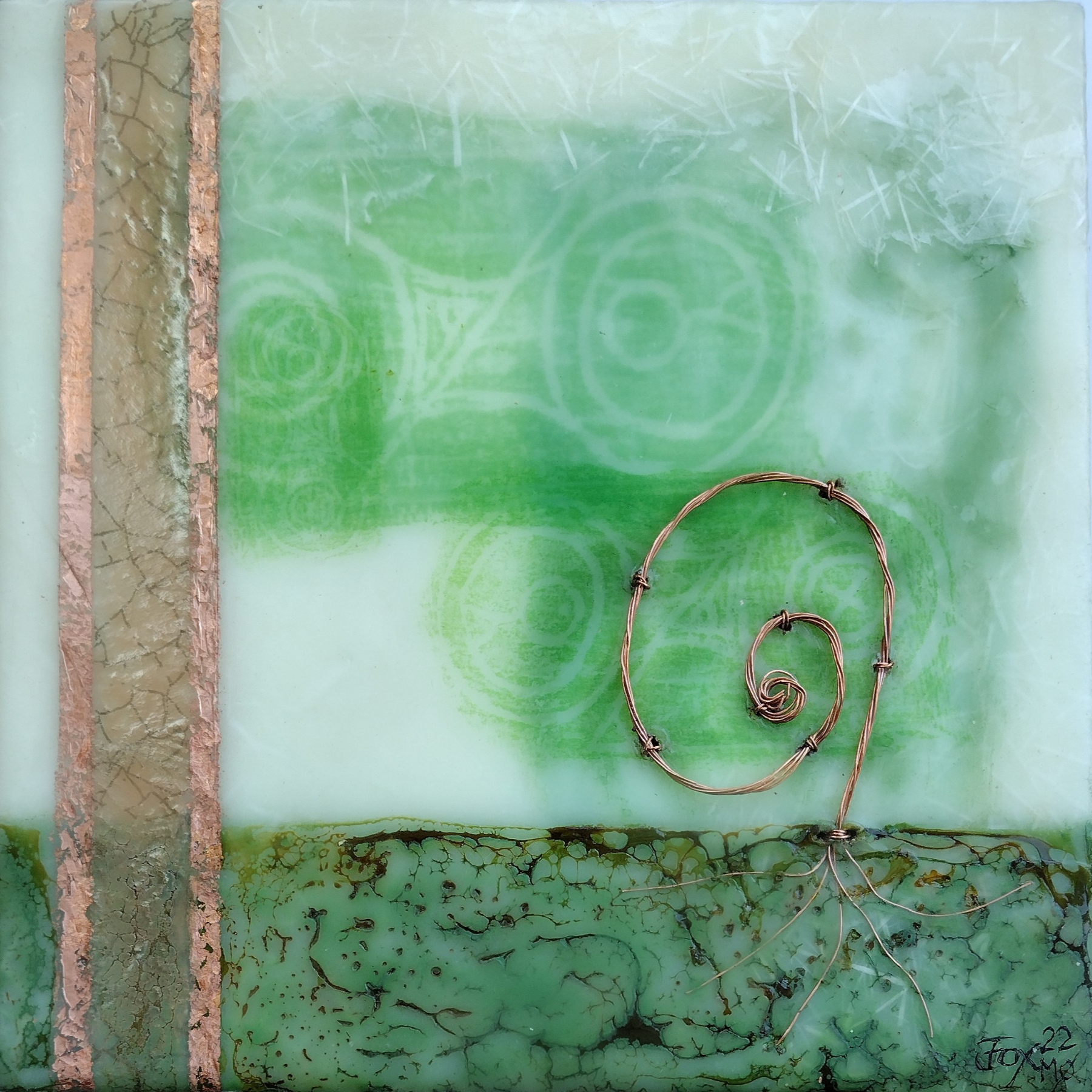 encaustic mixed media painting with green copper uncoiling by Janet Fox