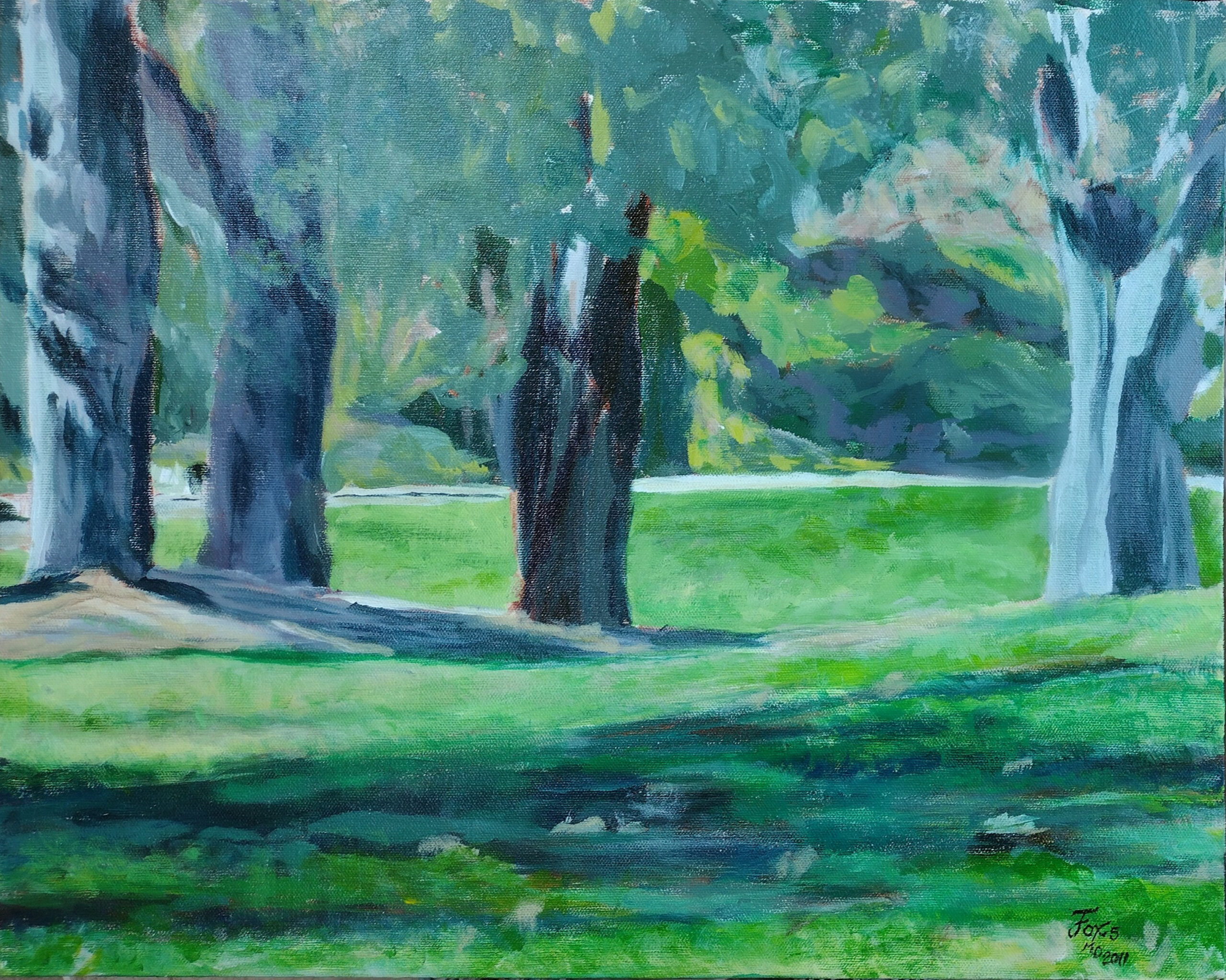In the Shade acrylic painting with green park lawn with large shade trees by Janet Fox