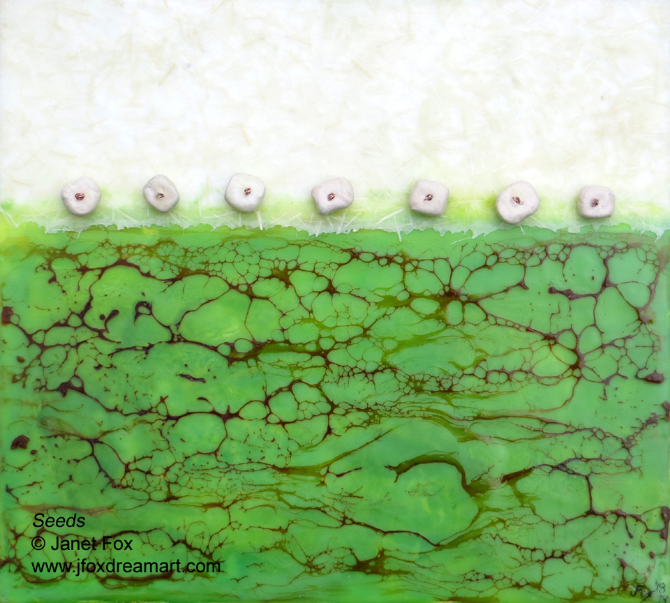 encaustic mixed media painting with seven handmade bead seeds by Janet Fox