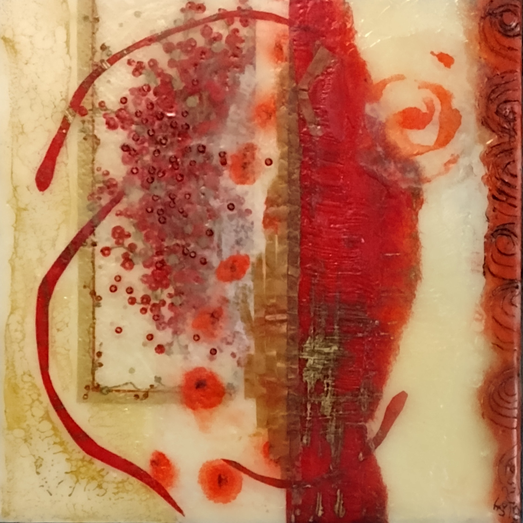 A 6"x6" original encaustic painting titled "Emergence" by Janet Fox