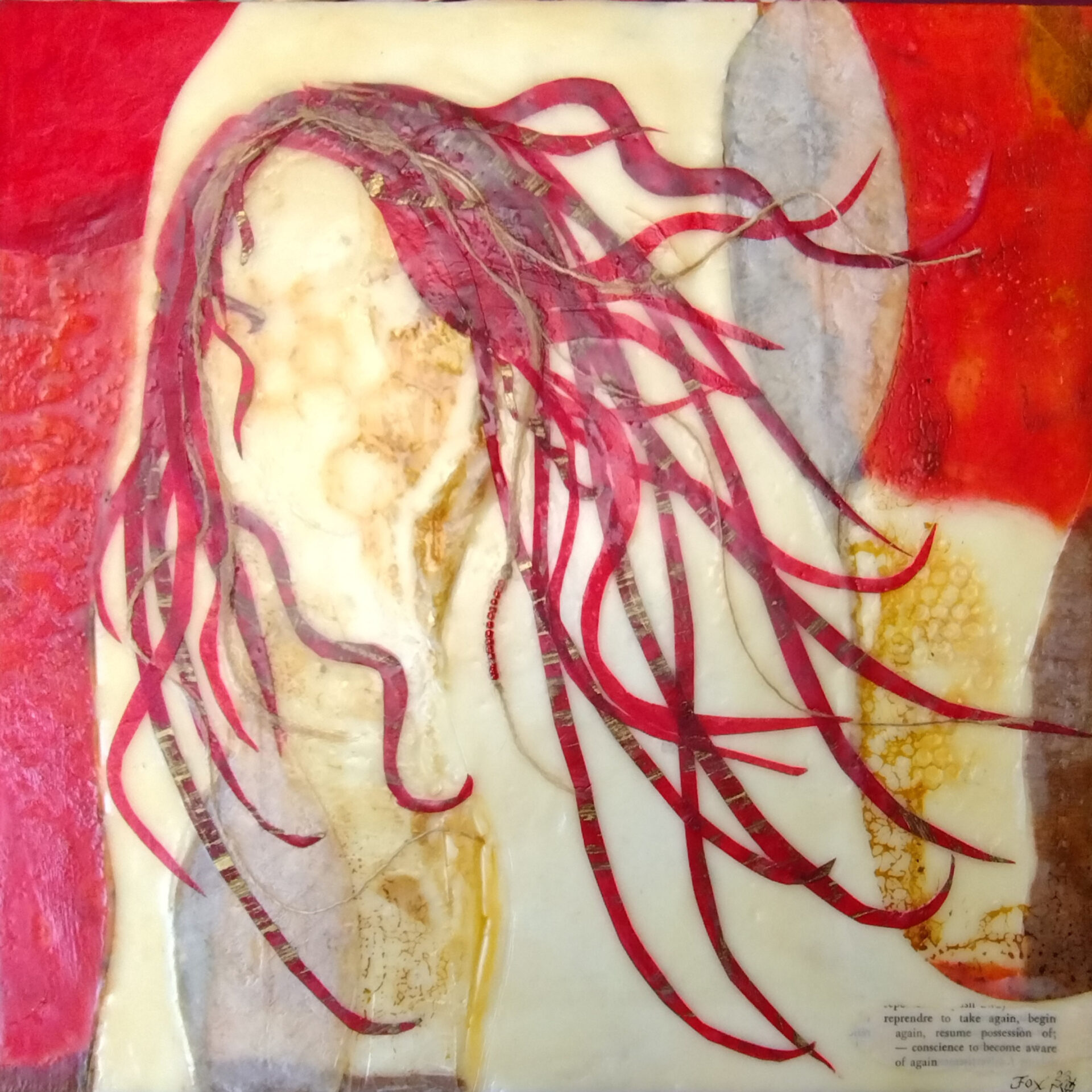 An original 12" X 12" encaustic mixed-media painting of a representational human figure with bright-red, snake-like hair by artist Janet Fox