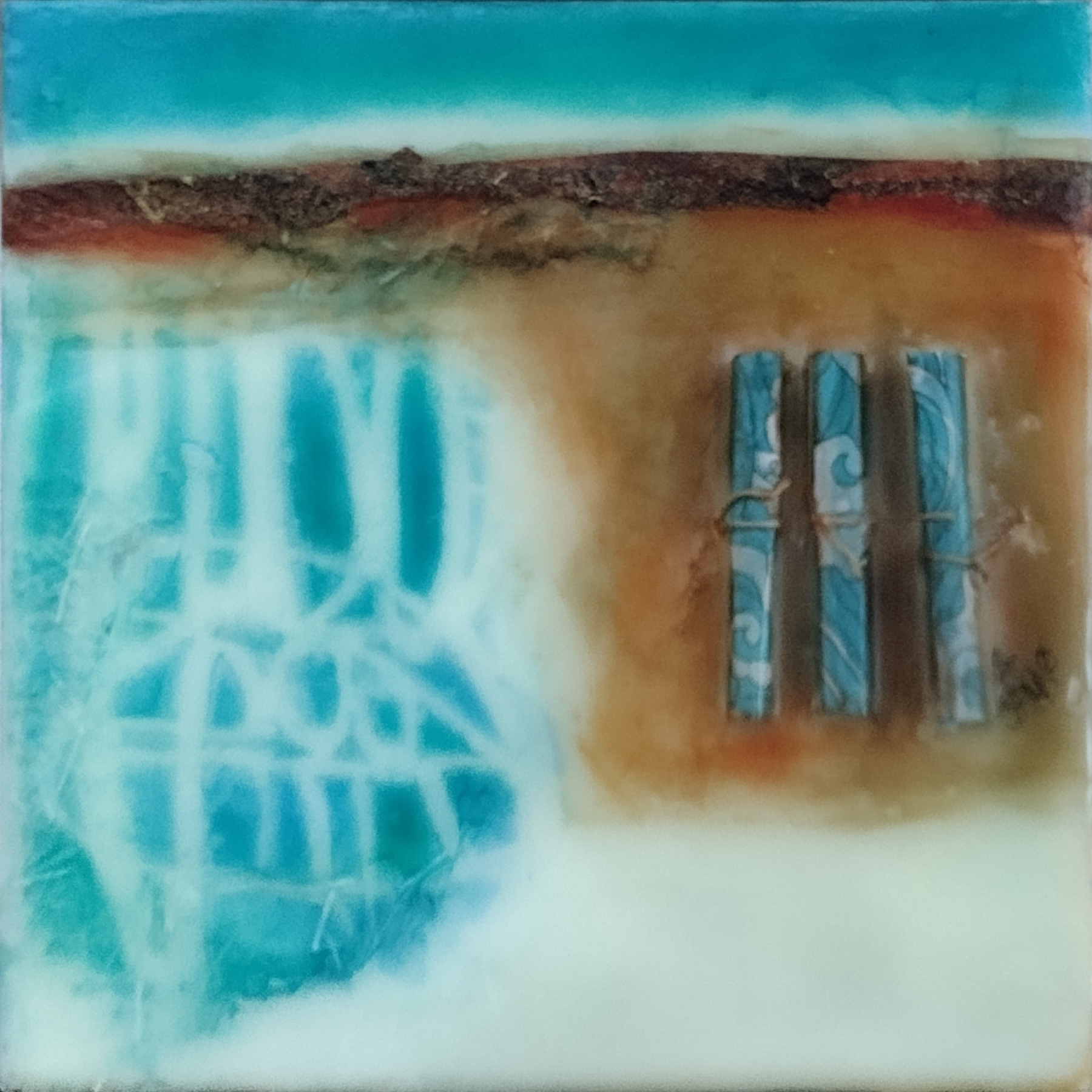 An encaustic mixed media by Janet Fox titled Seaside Yoga or Lines in the Sand with blue sky, light brown sand, three turquoise blue scrolls and white lines on a rectangular turquoise section
