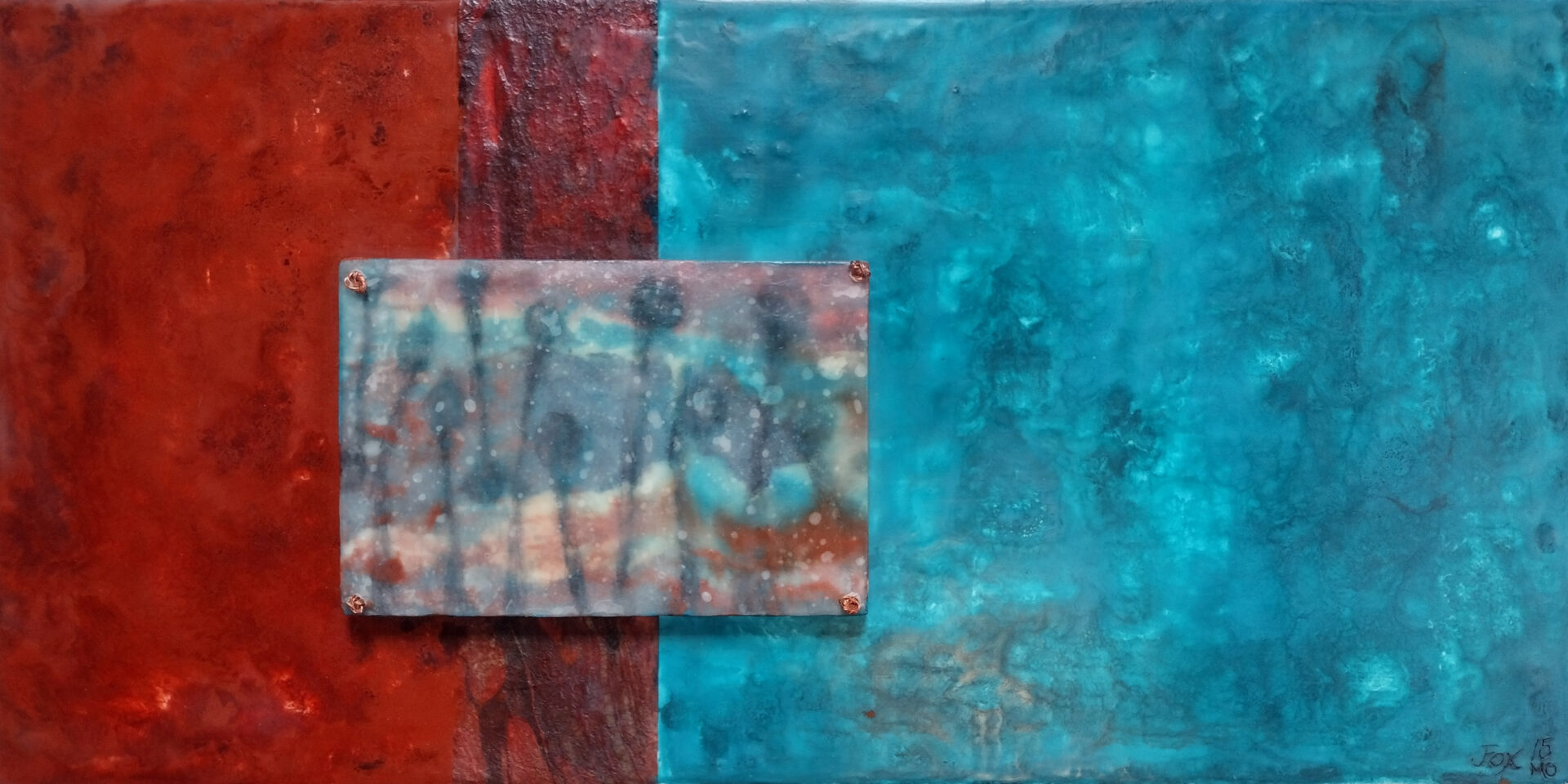 An encaustic mixed-media painting by Janet Fox with rust-red section on the left and turquoise blue color on the right with a smaller bridge section with stick figure people crossing from one side to the other.
